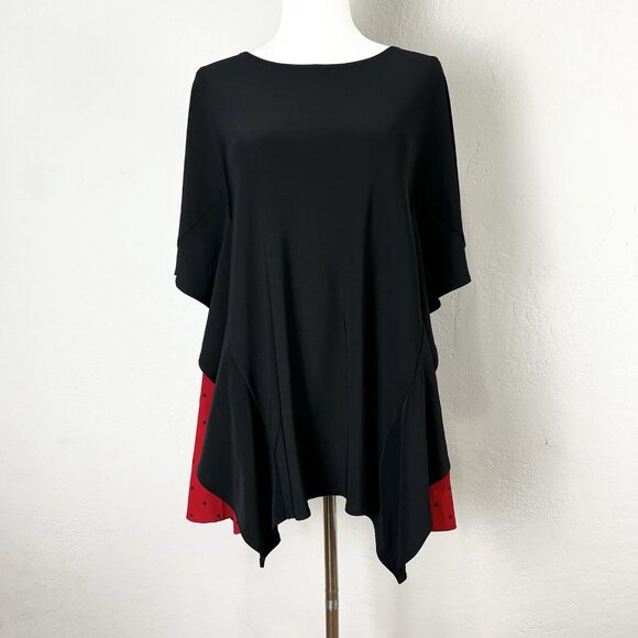 SUN KIM Tunic Peekaboo Batwing Red Polka Dot Black Bateau Sharkbite Size XS - Picture 1 of 10